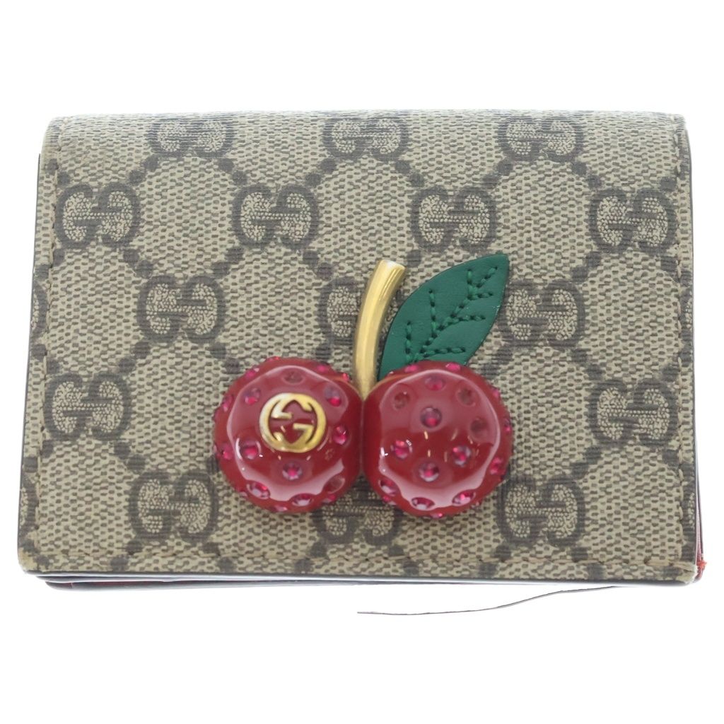 GUCCI (グッチ) GGスプリーム チェリー コンパクトウォレット 二つ折り財布 ベージュ/レッド 476050