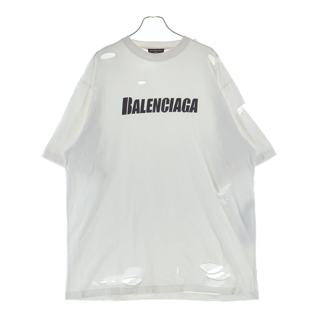 BALENCIAGA (バレンシアガ) デストロイ加工 ロゴプリントTシャツ オーバーサイズ 651795 ダメージ カットソー