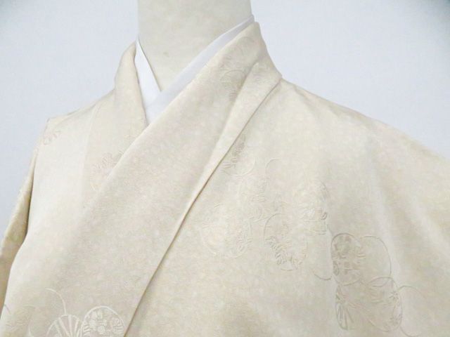 【京松】寿光織 色無地 地紋入 反端付 着物 正絹 美品 身丈約151.5cm 裄丈約59.5cm kyo8z05-875
