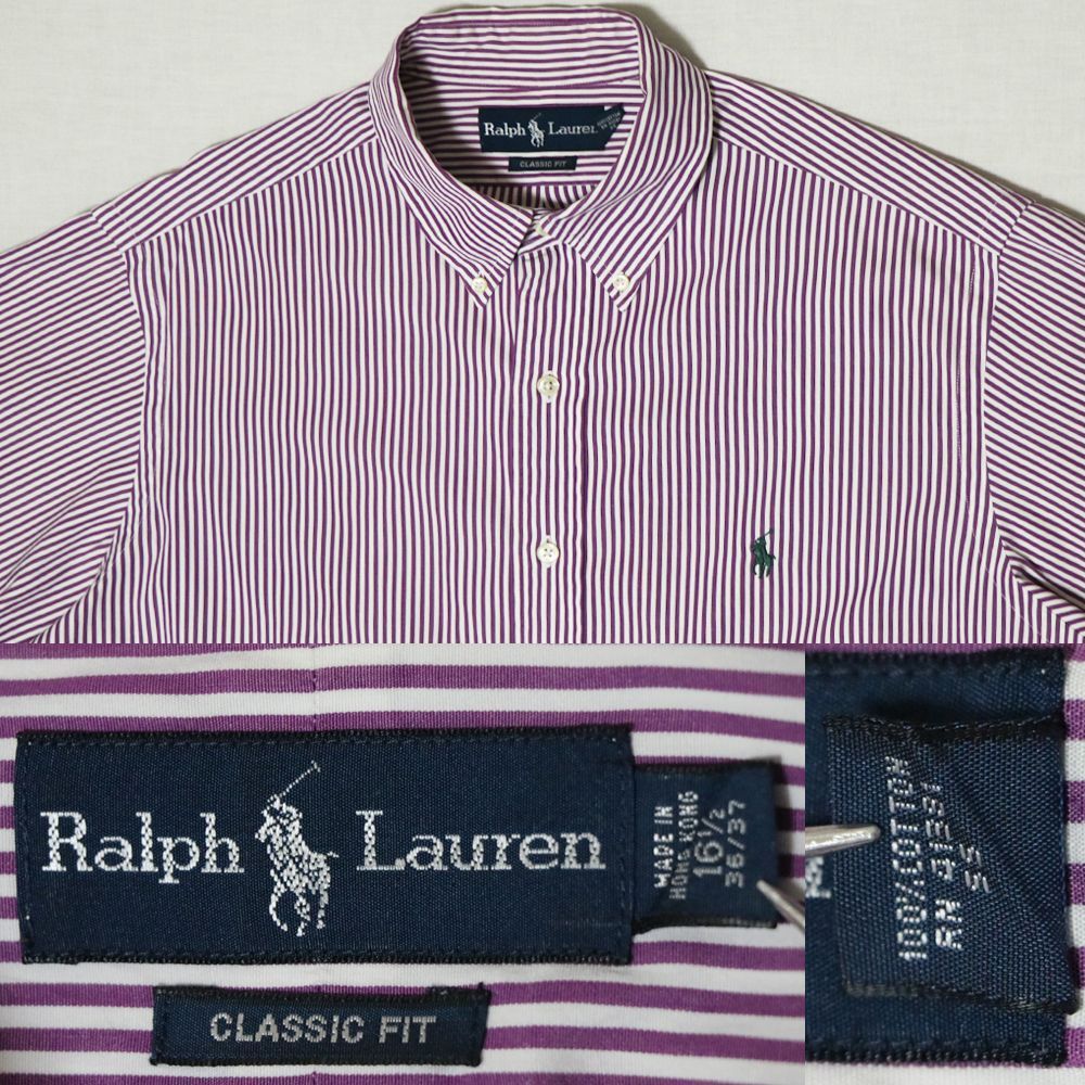 ラルフローレンシャツ メンズ90s 16 1⁄2 XL 2XL 美品 紫×白