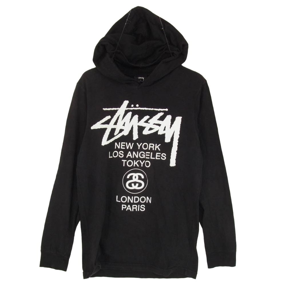 STUSSY ステューシー ワールドツアー フーデッド 長袖カットソー パーカー ブラック系 S【中古】