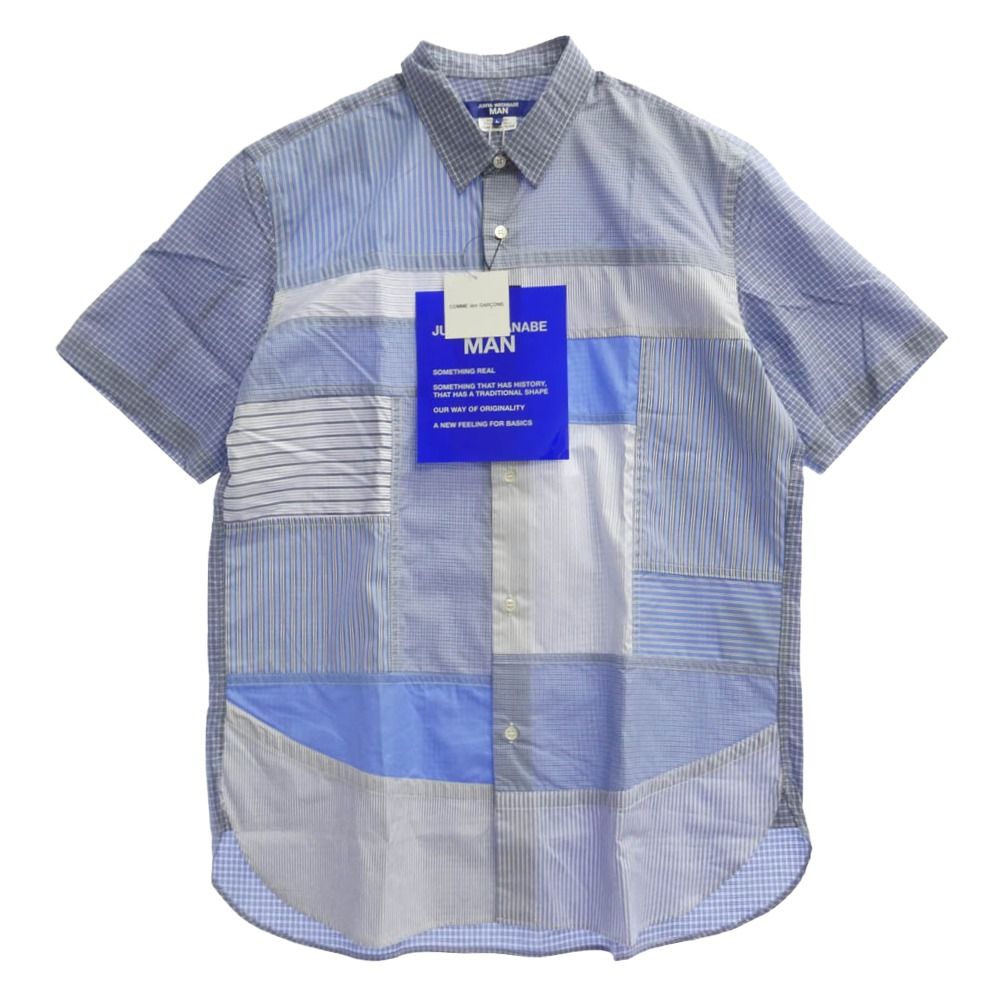 JUNYA WATANABE COMME des GARCONS MAN ジュンヤワタナベコムデギャルソンマン 24SS WM-B015 AD2023 パッチワーク ストライプ チェック 切替 半袖 シャツ ブルー系 L【極上美品】【中古】