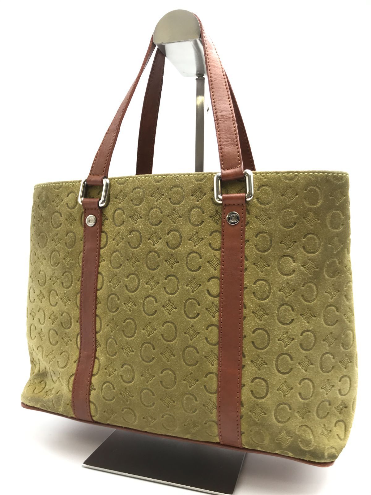 CELINE　セリーヌ　トートバッグ　ミニ　Cマカダム　スエード×レザー　カーキ×ブラウン系　1637