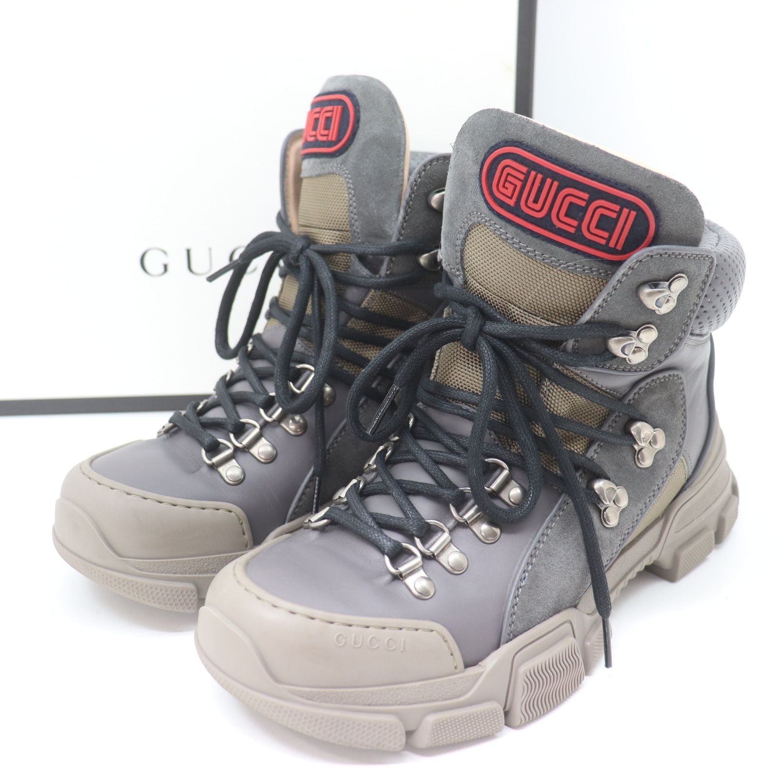 ITB9M5PVX7QO GUCCI グッチ フラッシュトレック ハイカットスニーカー ブーツ トレッキングシューズ 靴 グレー カーキ レディース サイズ38 箱付