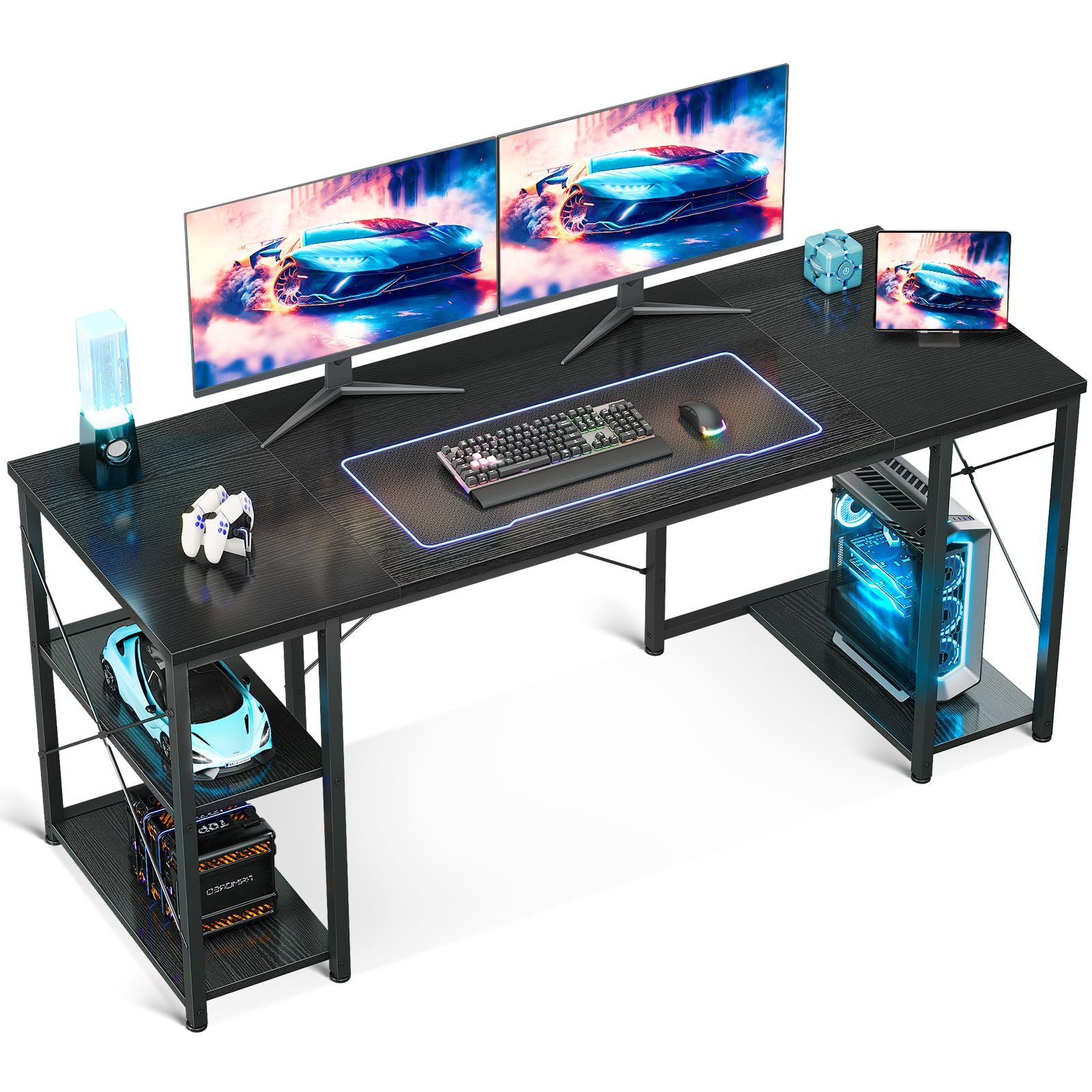 AODK ゲーミングデスク パソコンデスク 机 pcデスク 幅160cm 両側ラック&CPUスタンド付き gaming desk ゲームデスク 勉強机 オフィスデスク 在宅ワークデスク 長机 左右入れ替え対応 おしゃれ ブラックma