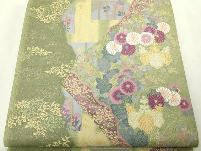 平和屋本店▼六通柄袋帯　草花文　薫金貝紫　正絹　逸品　DABE9430sf