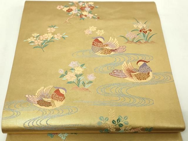 平和屋本店▼六通柄袋帯　唐織　流水花鳥文　慴金錦引箔　正絹　逸品　DABE9433sf