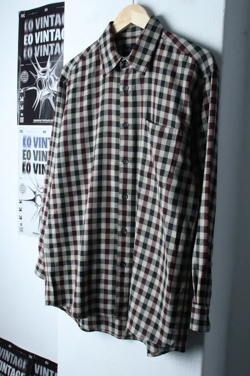 (L-XL) イヴ・サンローラン シャツ チェック ベージュ ウール アメカジ-77CA