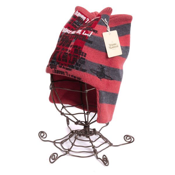 ヴィヴィアンウエストウッドVivienne Westwood ウールテキストプリントボーダー変形ニットキャップ ピンクグレー