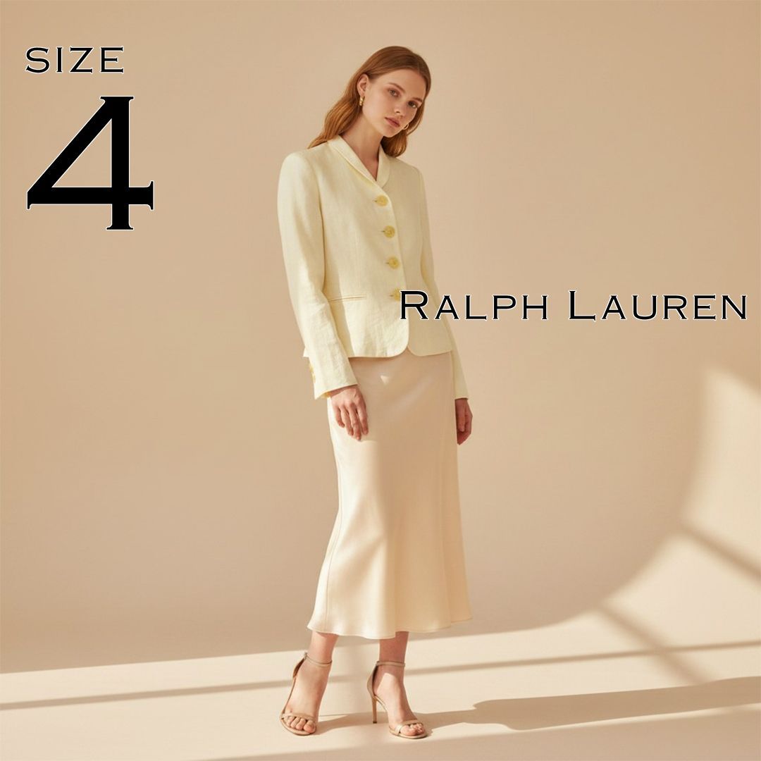 【美品】ローレン ラルフローレン プチLauren Ralph Lauren PETITE リネン100% スタンドカラージャケット 4P(JPN S～M) 白オフホワイト