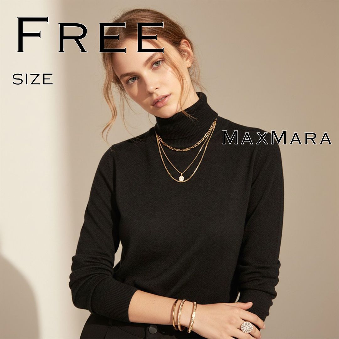 【極美品】Max Maraマックスマーラ 最高峰 白タグ イタリア製 ピュアヴァージンウールウール100% シャーリングタートルネック ニット M 黒ブラック 【古着】【中古】【送料無料】