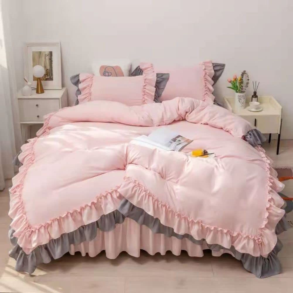 新品 布団カバーセット ふとんカバー 掛けふとんカバー 寝具カバー シングル3点セットセミダブル ダブル4点セット ベッドスカート 肌に優しい フリル付きおしゃれ 北欧 新生活 引っ越し ホテル仕様 安心 清潔 丸洗いOK (ピンク1 Dダブル-4点セット)