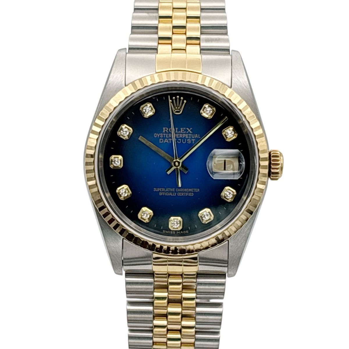 ROLEX ロレックス デイトジャスト 10Pダイヤ ブルーグラデーション P番 腕時計 16233G メンズ ステンレス イエローゴールド シルバー ゴールド ブルー 中古