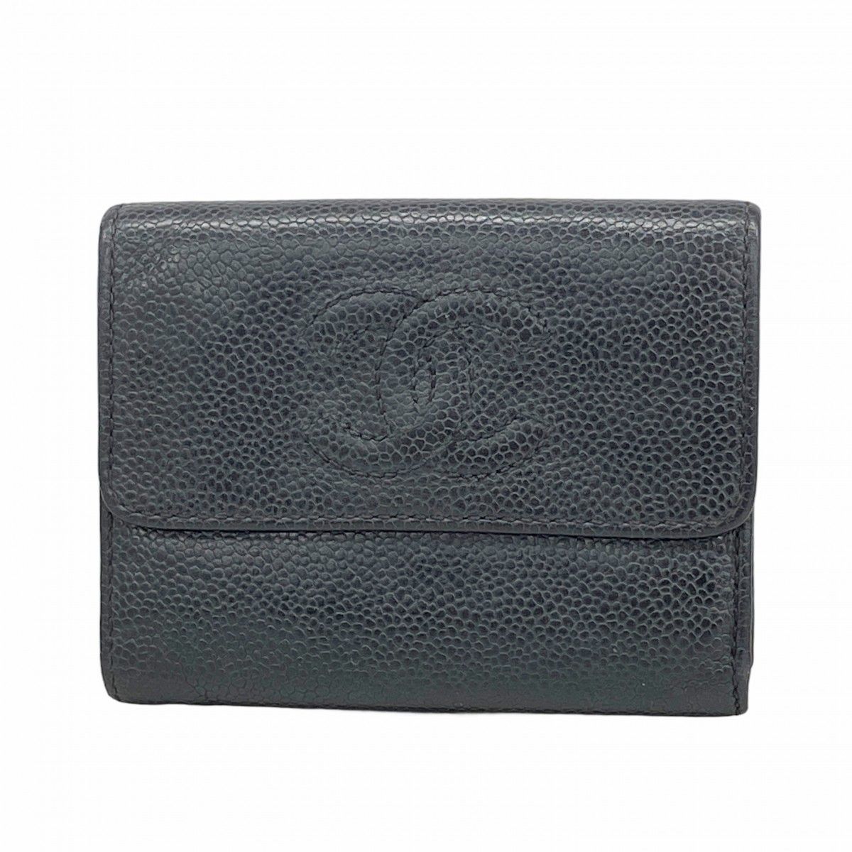 【6ec2916-k】シャネル 三つ折り財布 キャビアスキン ブラック ゴールド金具【中古】レディース