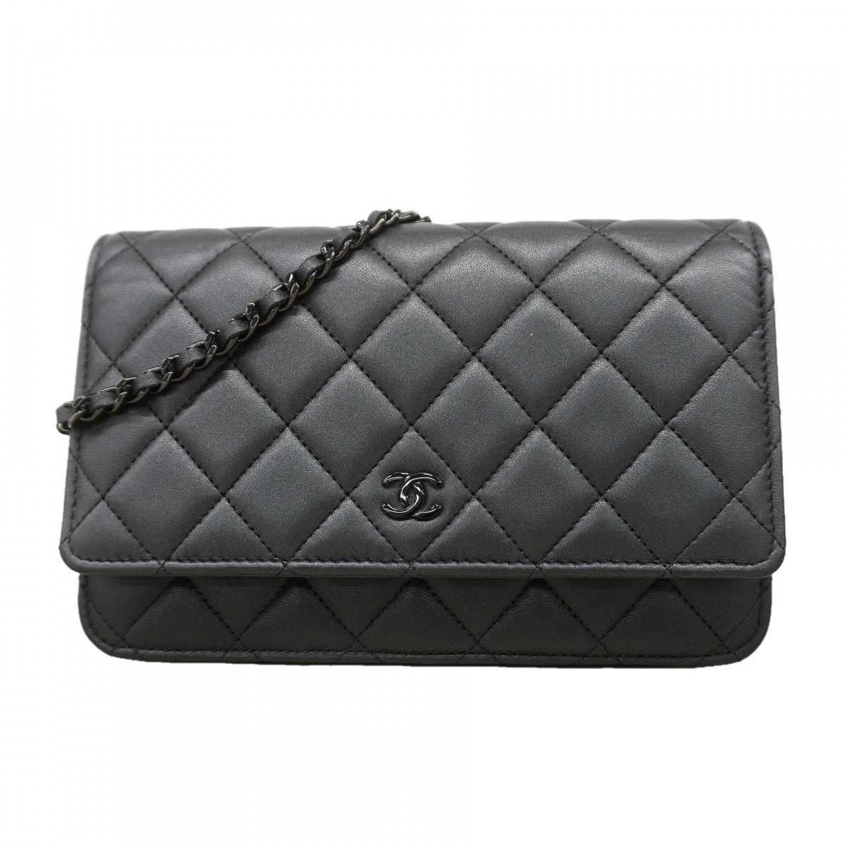 【6ec3086】シャネル ショルダーウォレット マトラッセ ラムスキン ブラック【中古】レディース