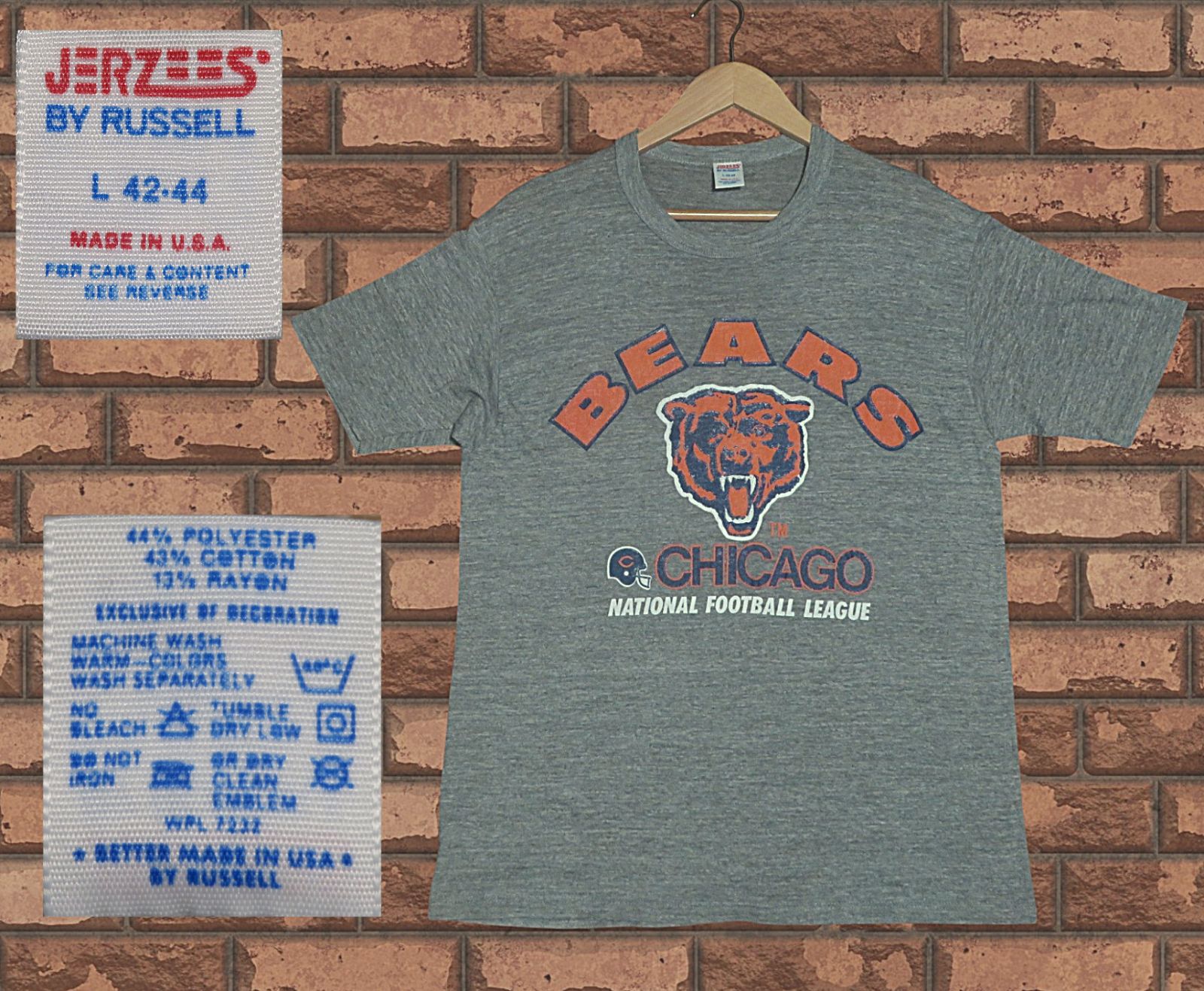 ⚠️⚠️ USA製 L(42-44) JERZEES BY RUSSELL ジャージーズ ラッセル 1980s ビンテージ CHICAGO BEARS シカゴ ベアーズ NFL アメフト アメリカンフットボール Tシャツ RAYON混合 レーヨン混合