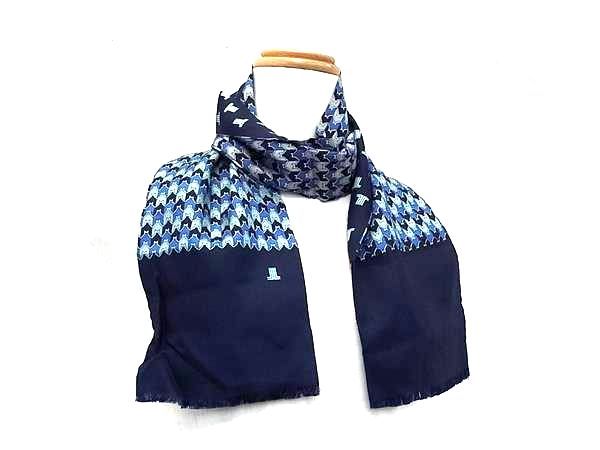 ■美品■ LANVIN ランバン シルク100% 総柄 スカーフ ストール ショール メンズ ネイビー系 DM7185