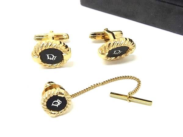 ■美品■ ChristianDior ディオール ヴィンテージ カフスボタン カフリンクス タイタック タイチェーン 2点セットゴールド系 DN1596