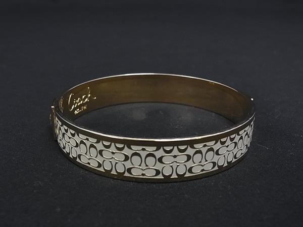 ■美品■ COACH コーチ シグネチャー バングル ブレスレット アクセサリー レディース アイボリー系×ゴールド系 DN1940