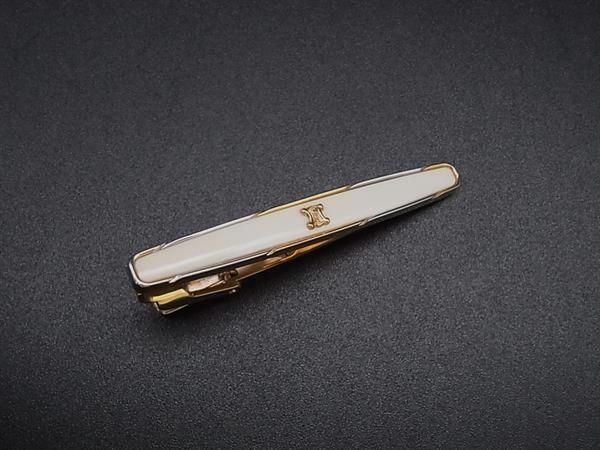 ■美品■ CELINE セリーヌ マカダム タイクリップ ネクタイピン アクセサリー アイボリー系×ゴールド系 DM8254