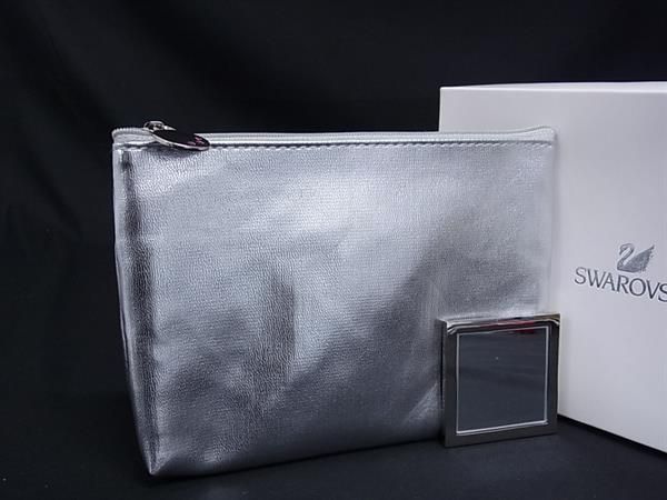 ■極美品■ SWAROVSKI スワロフスキー ナイロン ミラー付き ポーチ マルチケース 小物入れ レディース シルバー系 DN2453
