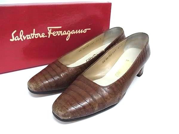 Salvatore Ferragamo フェラガモ クロコダイル型押しレザー ヒール パンプス 表記サイズ6 1/2 (約23.5cm) 靴 ブラウン系 DN2648