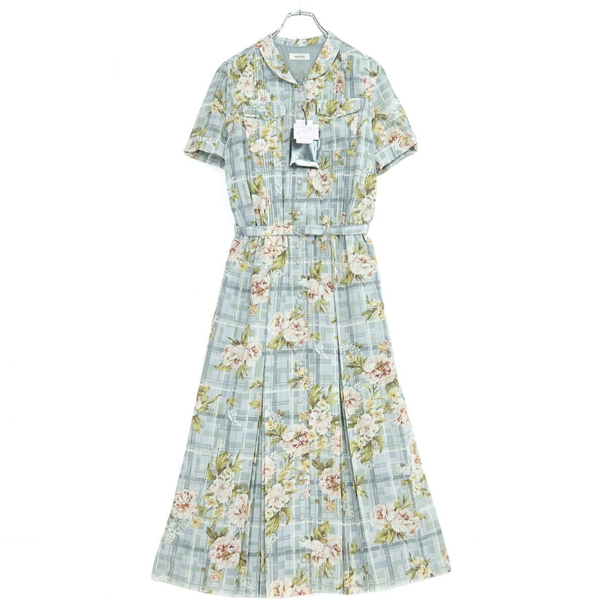 【タグ付き極美品】インゲボルグ★ブルー×グレーチェック 大人コーデ♪花柄 襟付きワンピース 水色系 z20085