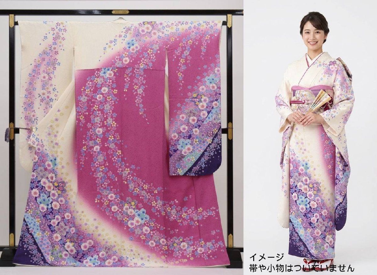 可愛いお振袖　正絹 振袖 正絹 白 XピンクXラベンダー系 桜 小花 花吹雪 可憐 かわいい