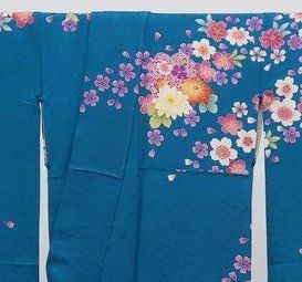 振袖 正絹 青緑X黄緑X水色系 桜 小花 花吹雪 疋田花集柄 可憐 かわいい