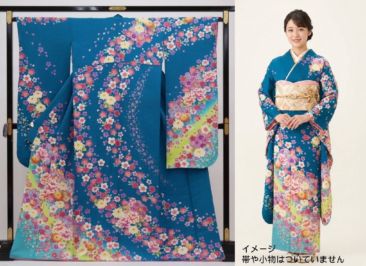 振袖 正絹 青緑X黄緑X水色系 桜 小花 花吹雪 疋田花集柄 可憐 かわいい