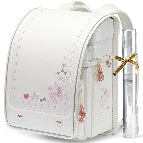 【新品】ランドセル 女の子 小学生 通学カバン 高級人工皮革パール生地 ワンタッチロック ハート＆蝶結び刺繍 白 ホワイト f5f17e6a