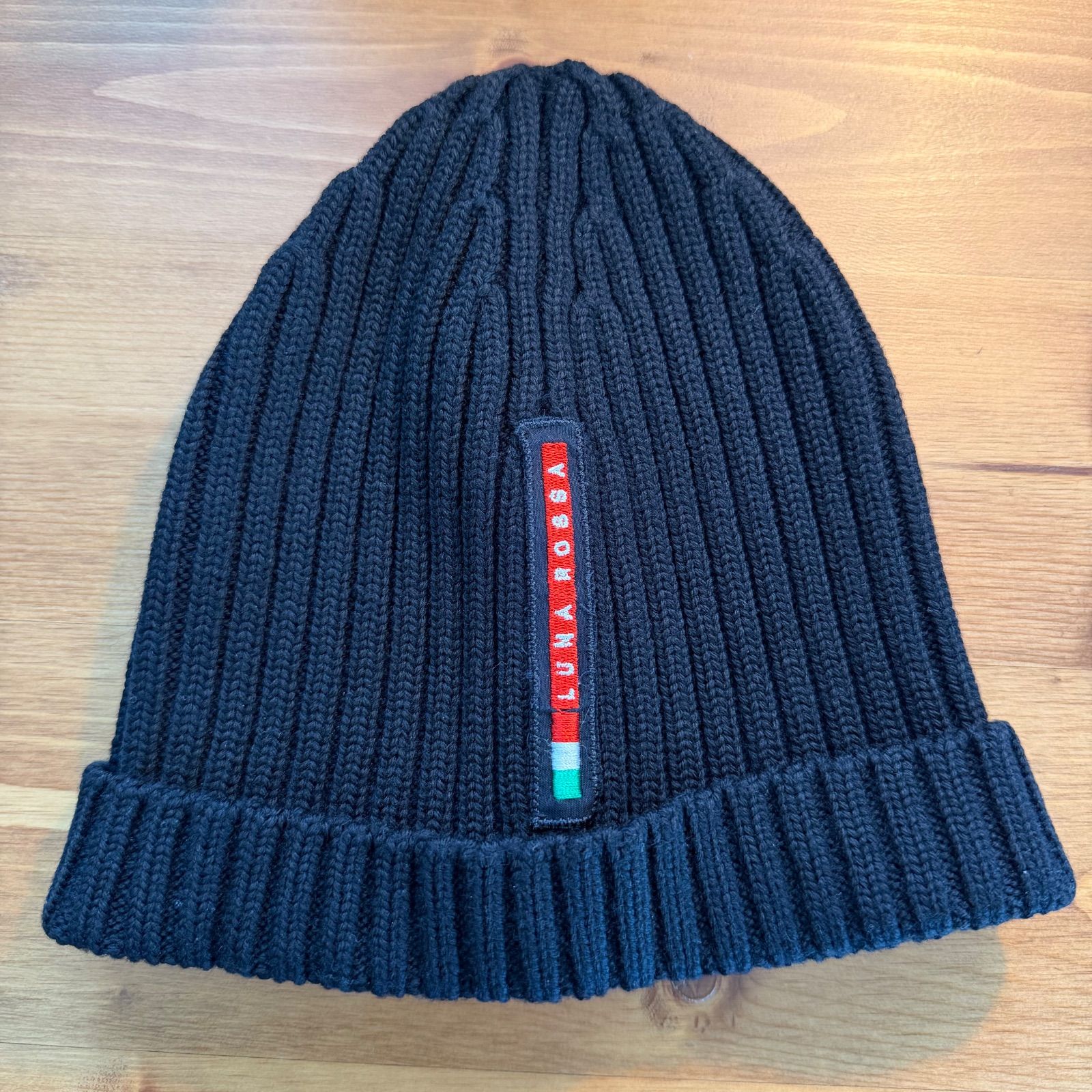 美品 PRADA プラダ ルナロッサ ニット帽 ビーニー ブラック ロゴ