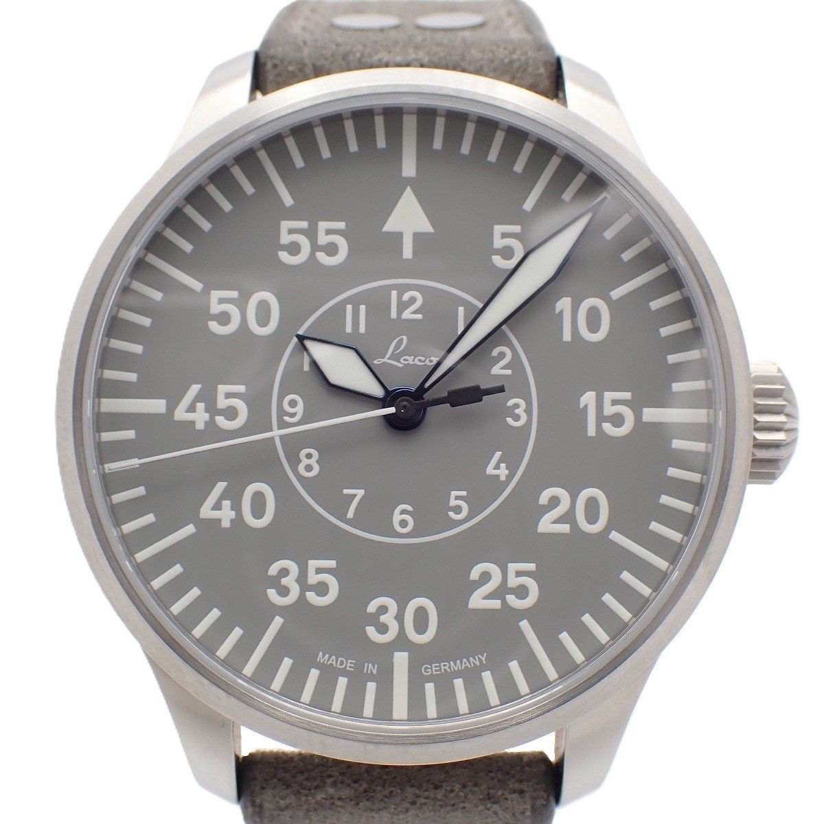 【美品】Laco ラコ パイロット アーヘン42 グラウ 自動巻き メンズ 腕時計 グレー文字盤 純正革ベルト 862159【いおき質店】