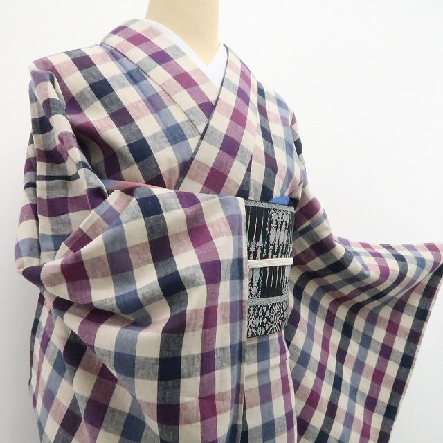 ❁tomihisa❁新品 単衣 KIMONOMODERN 伊勢綿麻 チェック柄 洗える着物