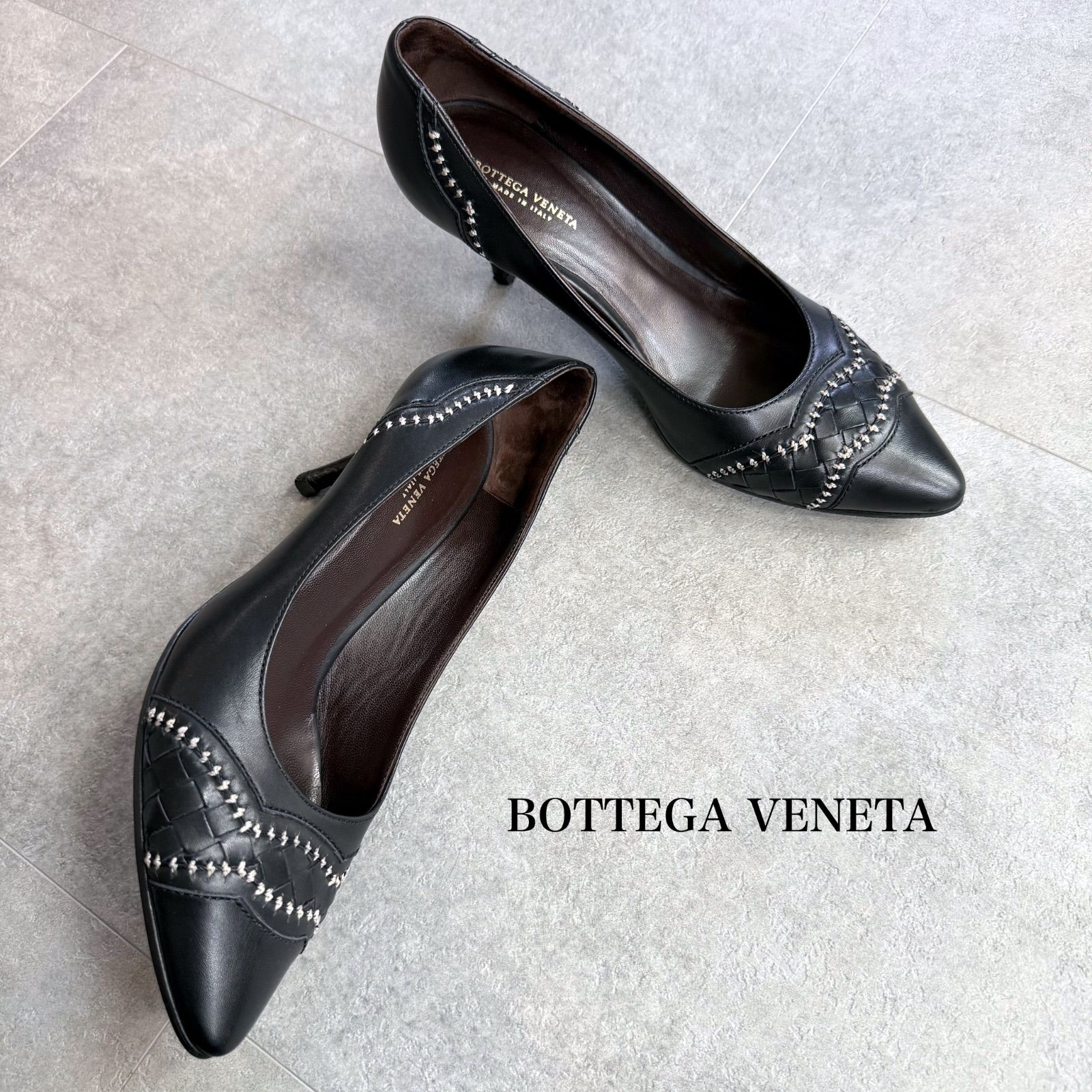 BOTTEGA VENETA ボッテガヴェネタ イントレチャート レザー パンプス ブラック 黒 36 レディースシューズ 23cm ステッチ
