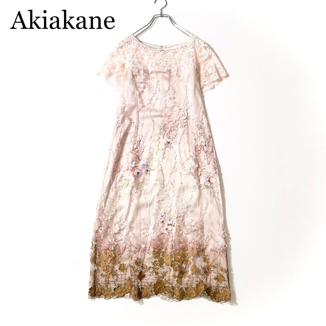 3568y美品 アキアカネ 近年モデル レース刺繍♡花柄半袖ロングワンピース M ピンク