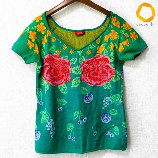 #snc ケンゾー KENZO カットソー M 緑 赤 オレンジ ニット 半袖 花柄 ヴィンテージ レディース [969817] 10,780円