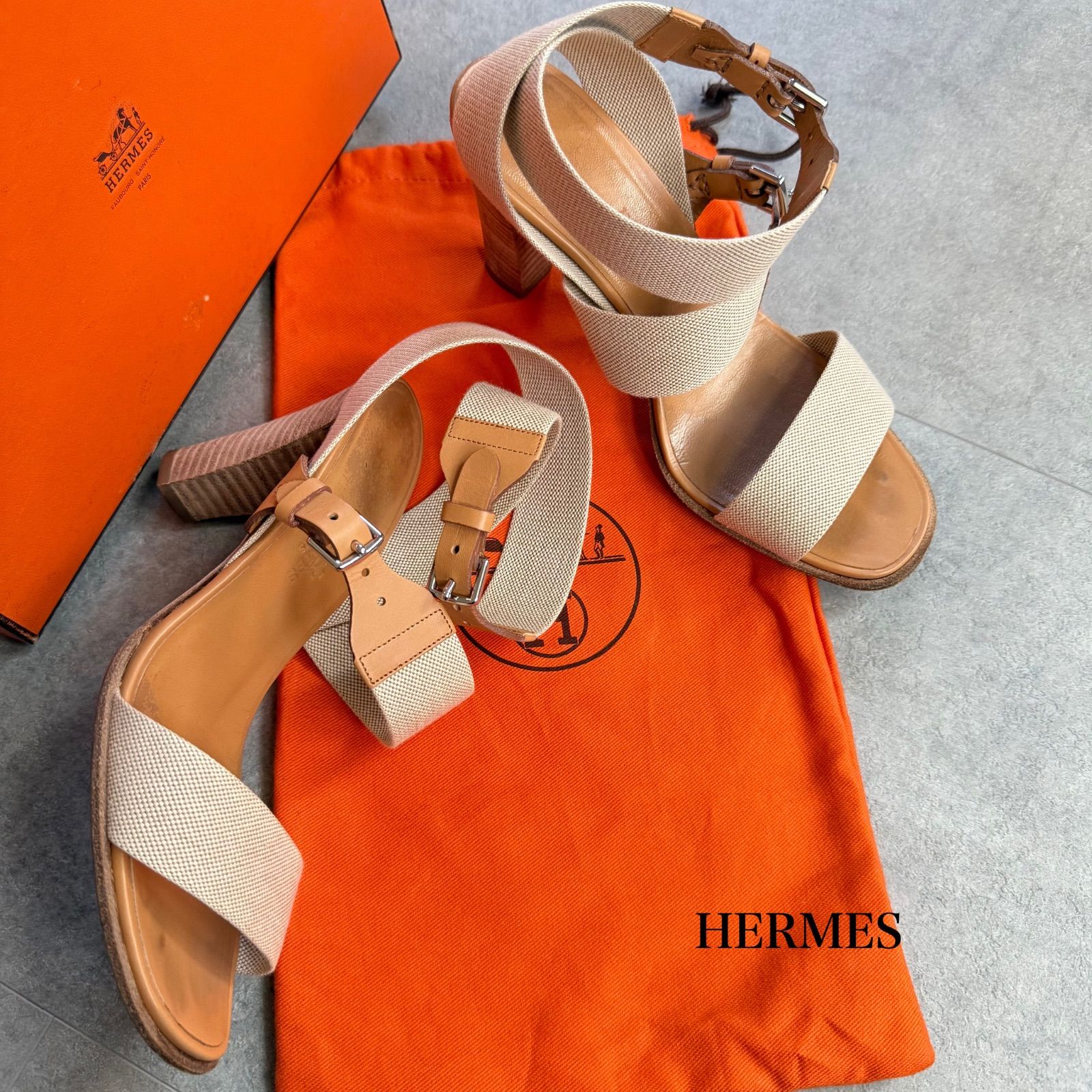 HERMES エルメス ベルト キャンバス レザー ストラップサンダル ベージュ アイボリー 36 レディースシューズ 23cm