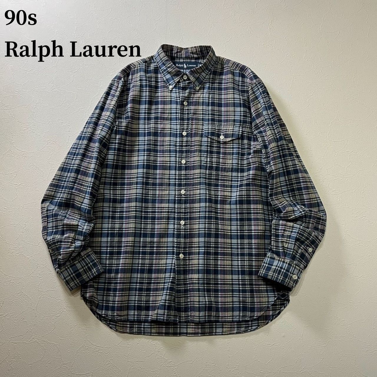 90s Ralph Lauren　マチ付き　チェック　長袖シャツ　ラルフローレン　ネイビー　ピンク　イエロー　M 古着
