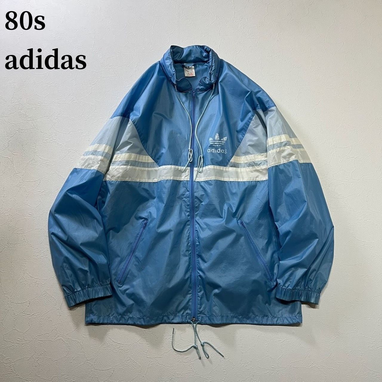 80s adidas　ドローコード　隠しフード　ナイロンジャケット　アディダス　ライトブルー　ホワイト　40 古着
