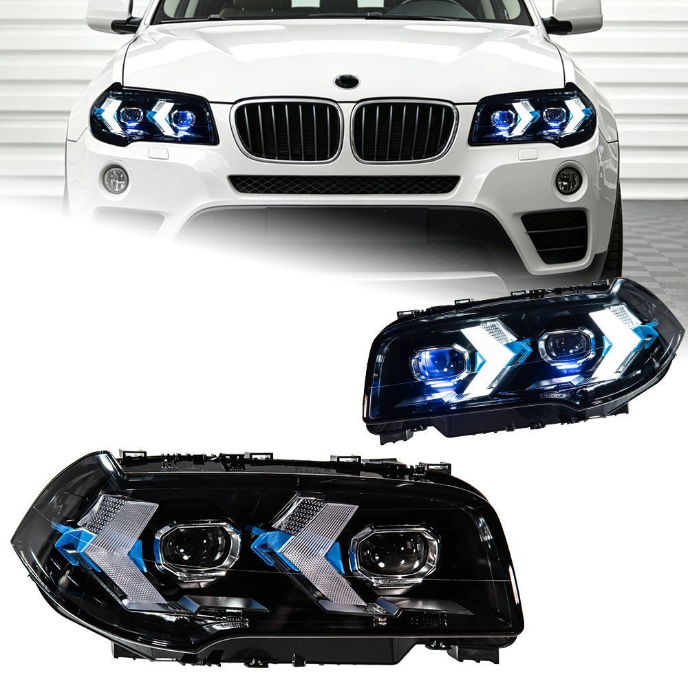 【送料無料】BMW X3 E83 2006-2010 大灯ライト 箭头款 双色LED 日行灯 激光デザイン 高輝度安全性向上 夜間視認性抜群 ドレスアップ効果 左右1対 PC材質 改良カスタム 走行中も安心安全