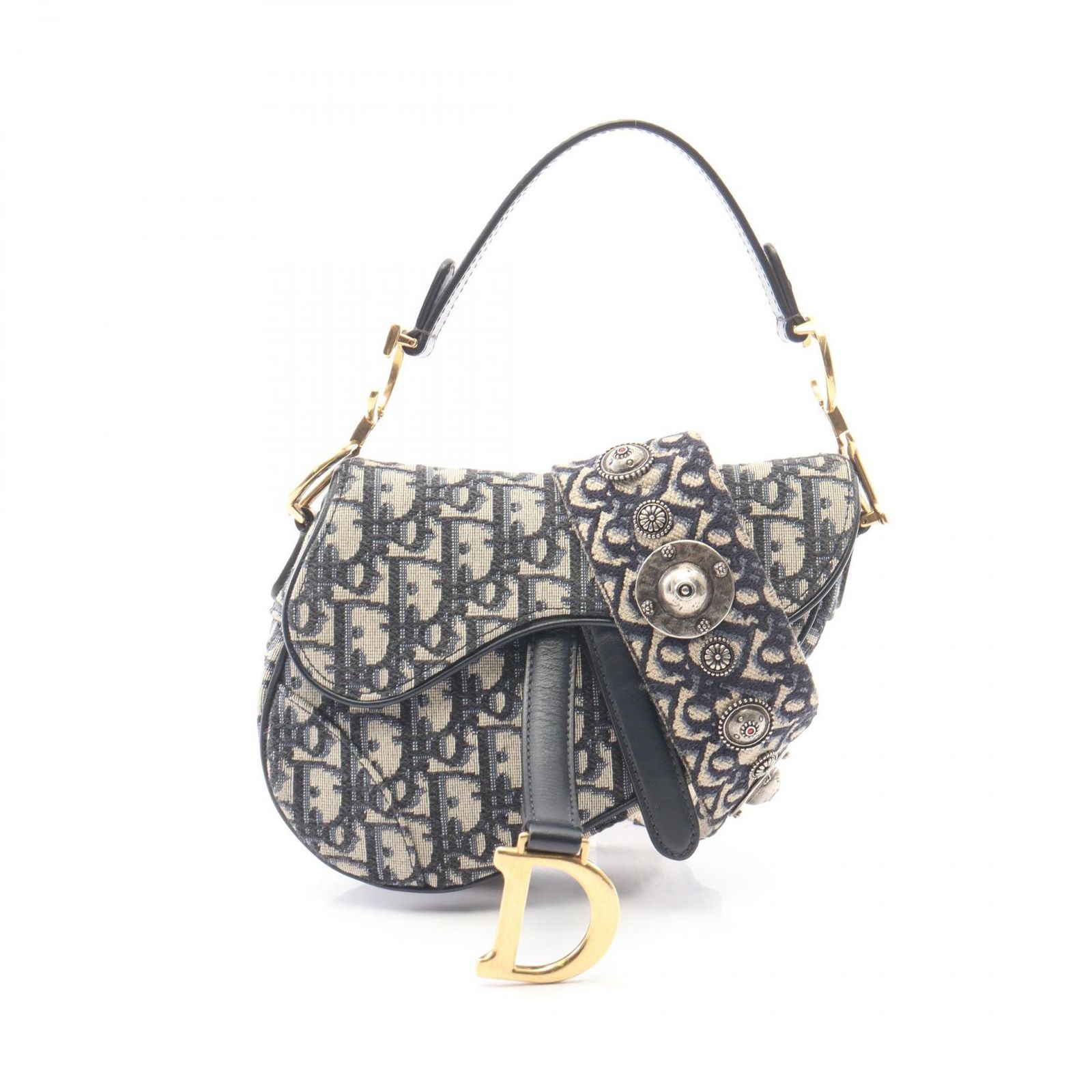 ディオール Dior ハンドバッグ サドルバッグ ミニ オブリークジャカード 2WAY ネイビー キャンバス レザー オブリーク サドルバッグ ミニ レディース Used A