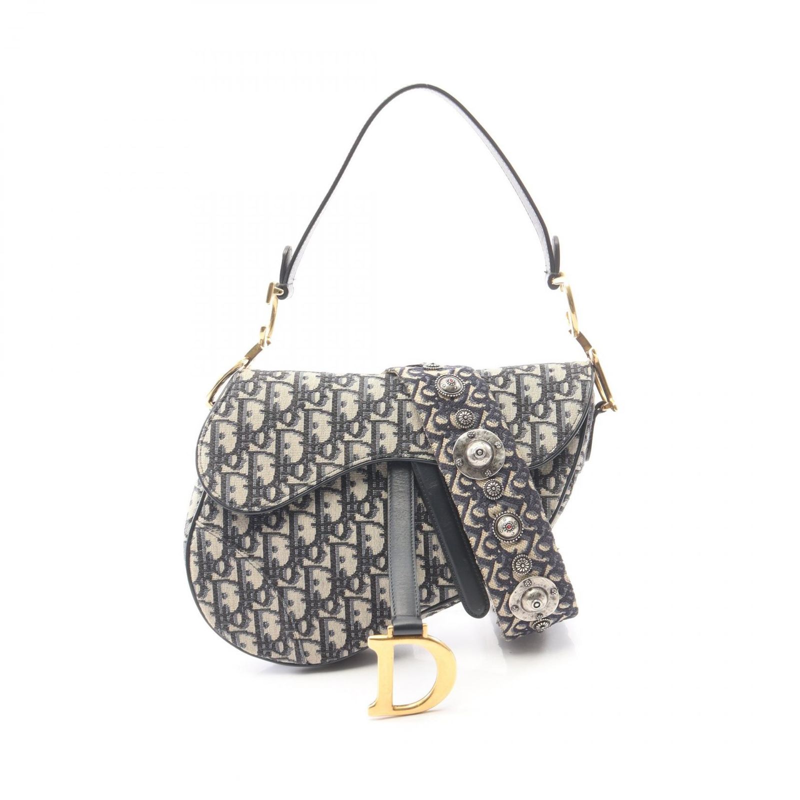 ディオール Dior ハンドバッグ サドルバッグ オブリークジャカード 2WAY ネイビー キャンバス レザー オブリーク サドルバッグ レディース Used A