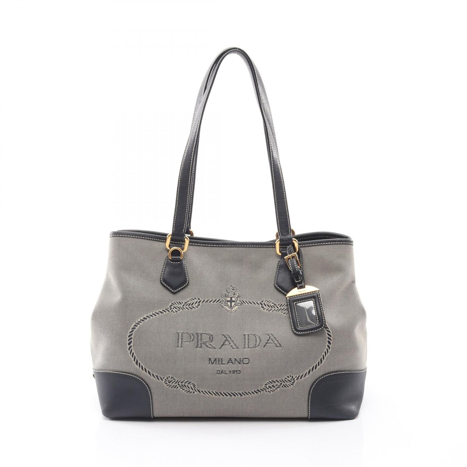 プラダ PRADA トートバッグ ロゴジャガード 三角プレート ネイビー/ベージュ キャンバス レザー ロゴジャガード トートバッグ レディース Used B