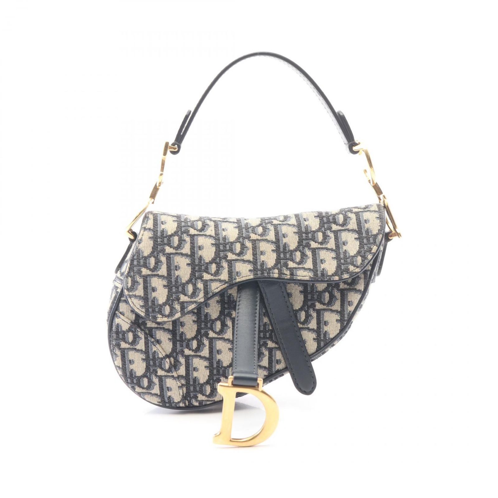 ディオール Dior ハンドバッグ サドルバッグ ミニ オブリークジャカード ネイビー キャンバス レザー オブリーク サドルバッグ ミニ レディース Used A