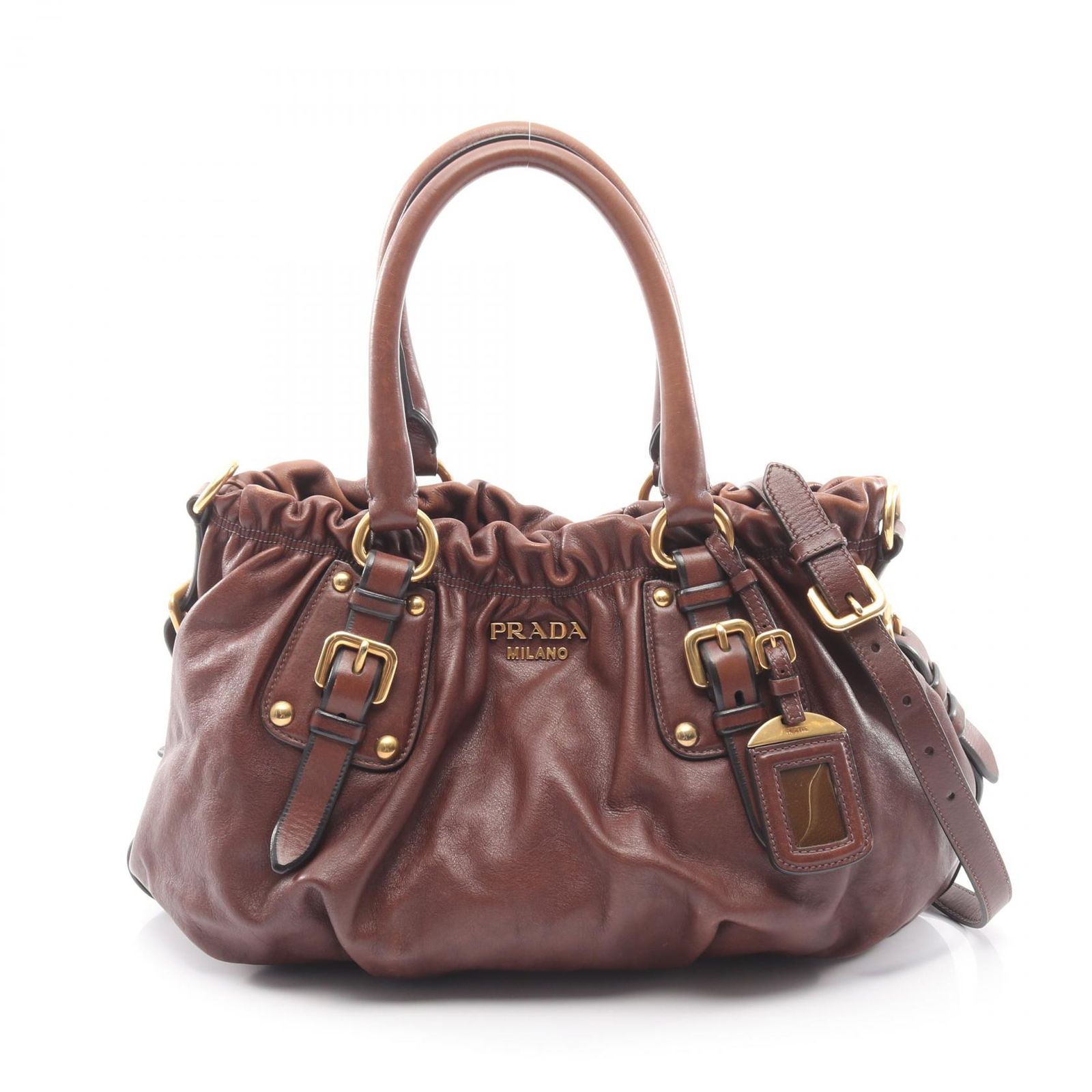 プラダ PRADA ハンドバッグ ギャザー 2WAY ブラウン レザー ハンドバッグ レディース Used B