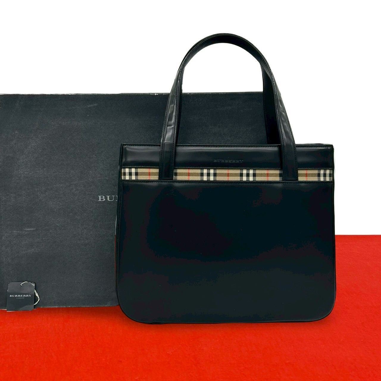 未使用保管品 箱付き BURBERRY バーバリー ノバチェック 柄 レザー 本革 キャンバス ハンドバッグ ミニ トートバッグ ブラック 69118