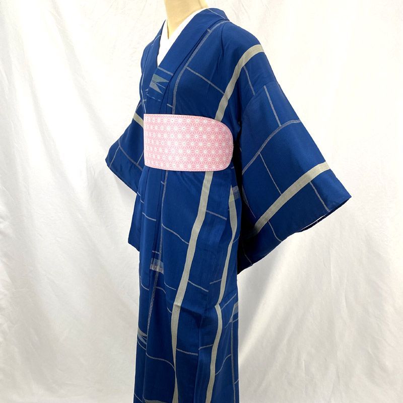605af7△夏のアンティーク着物 夏物 矢羽根 変わり格子 銀糸 青系 大正