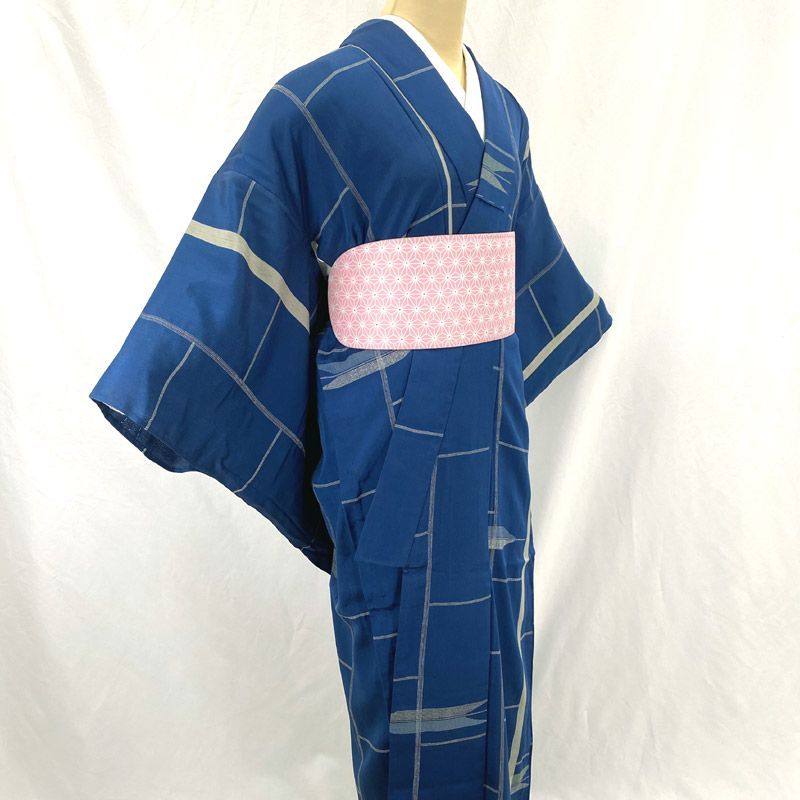 605af7△夏のアンティーク着物 夏物 矢羽根 変わり格子 銀糸 青系 大正