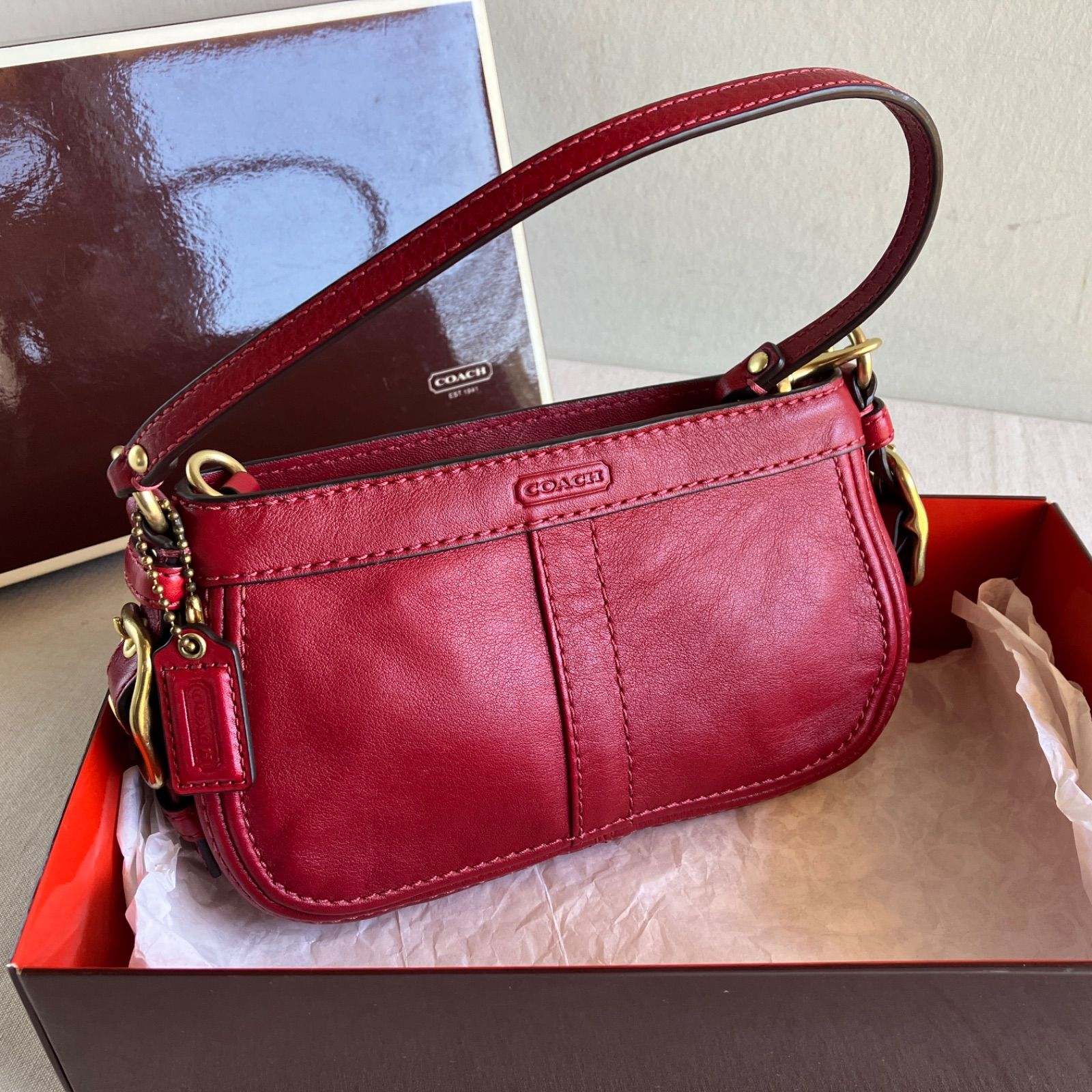 Vintage Coach Red Leather Mini Shoulder Bag Baguette Gold Hardware 